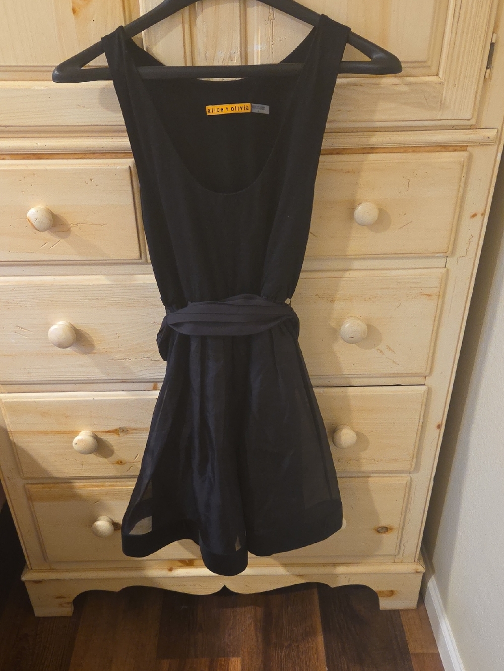 Alice + Olivia Black Sleeveless Mini Dress with Waist Tie